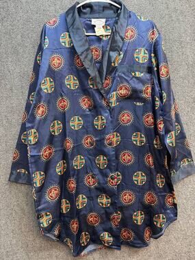 Sleep Club Women's Satin Robe Blue Print Shawl Collar 34" Long Size L